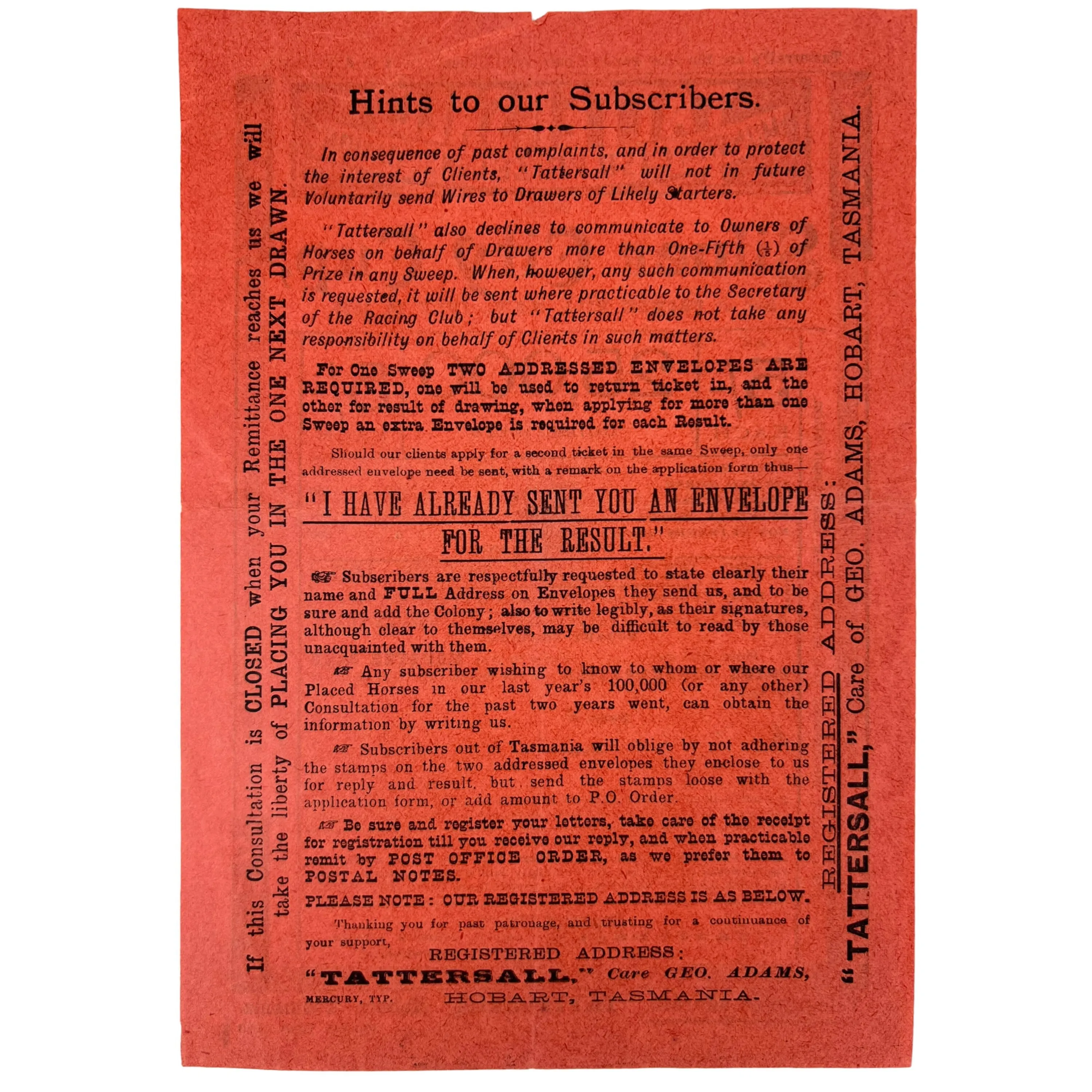 1899 Antique Australia Horse Race Lottery Ticket Application Lot Tattersalls Tasmania   Leaflet