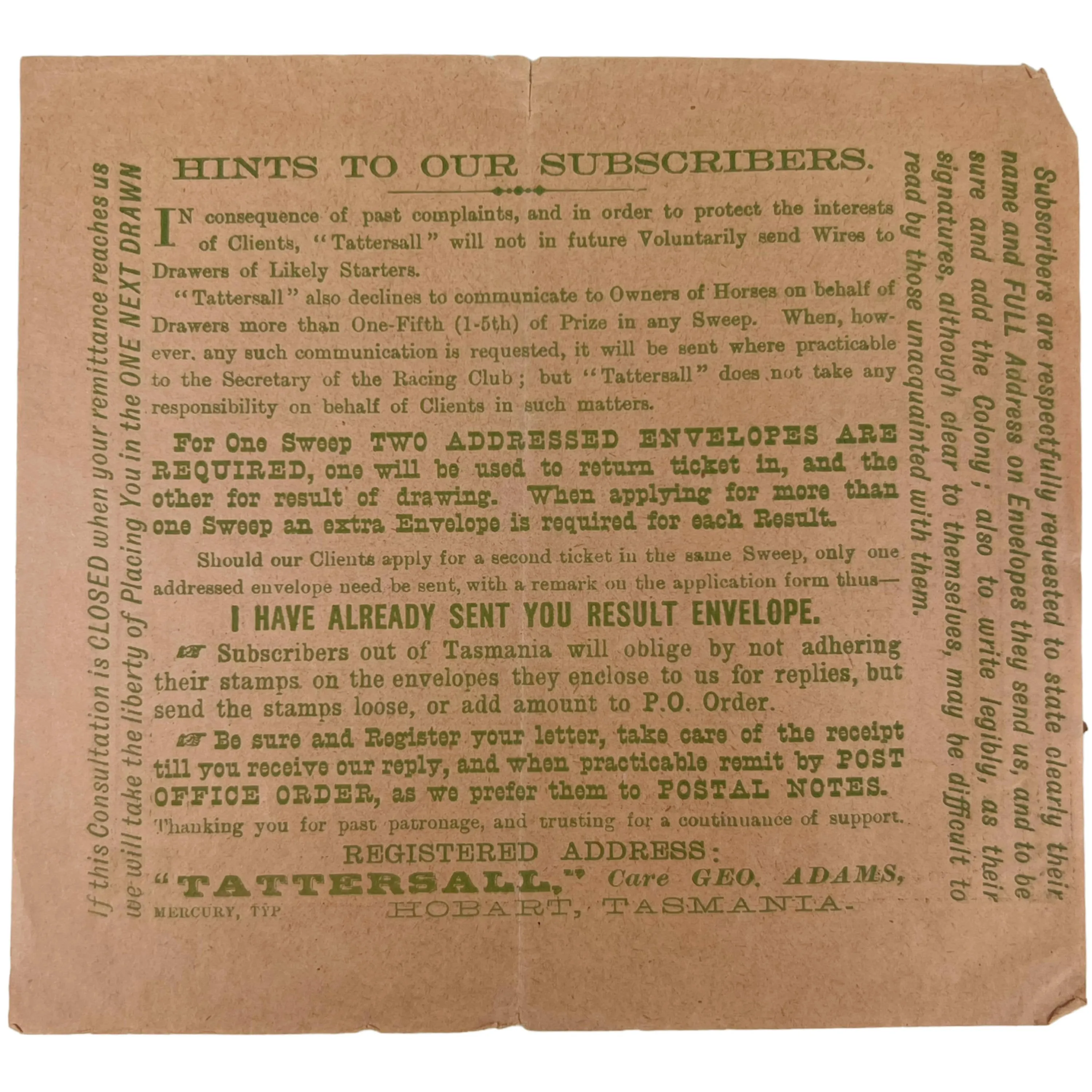 1899 Antique Australia Horse Race Lottery Ticket Application Lot Tattersalls Tasmania   Leaflet