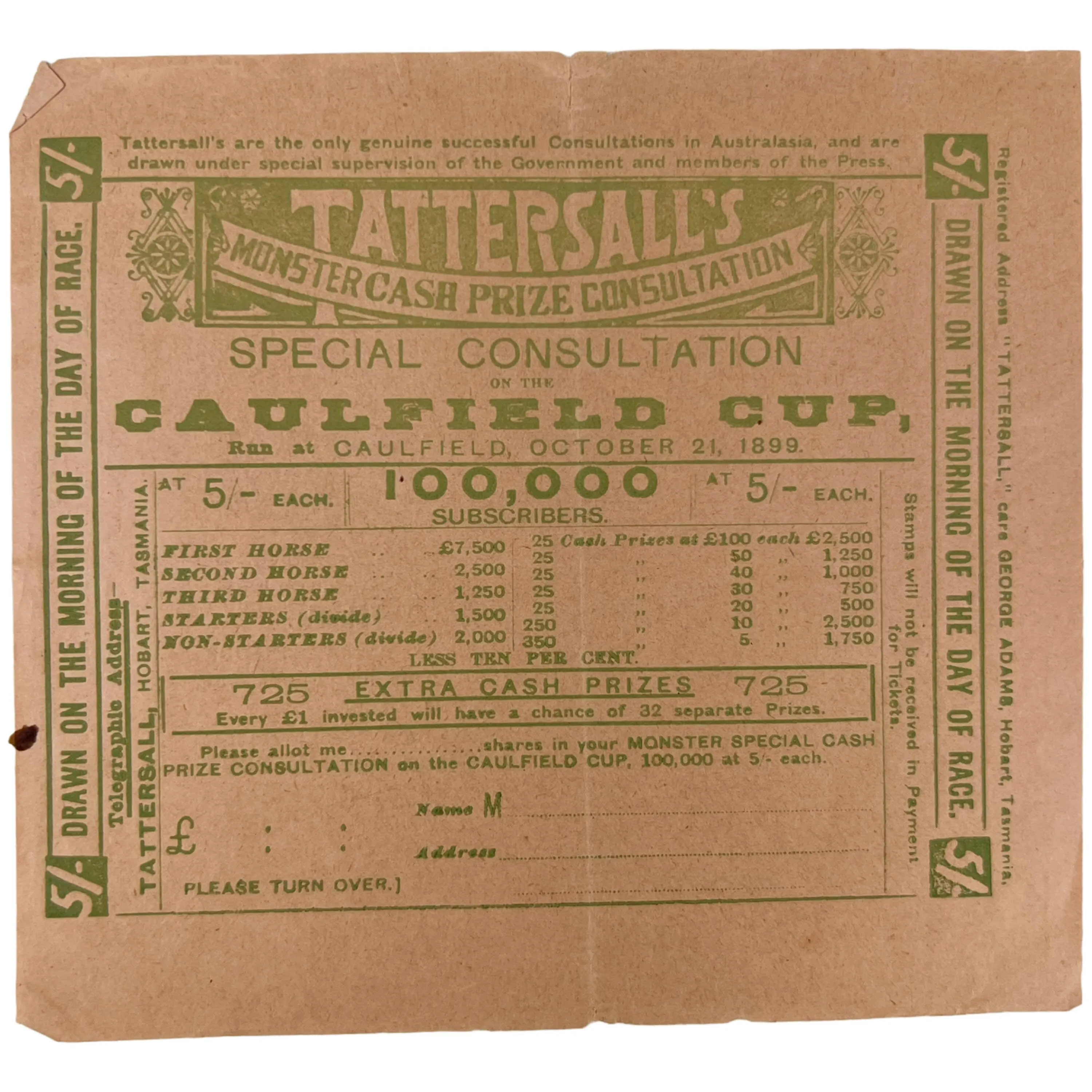 1899 Antique Australia Horse Race Lottery Ticket Application Lot Tattersalls Tasmania   Leaflet