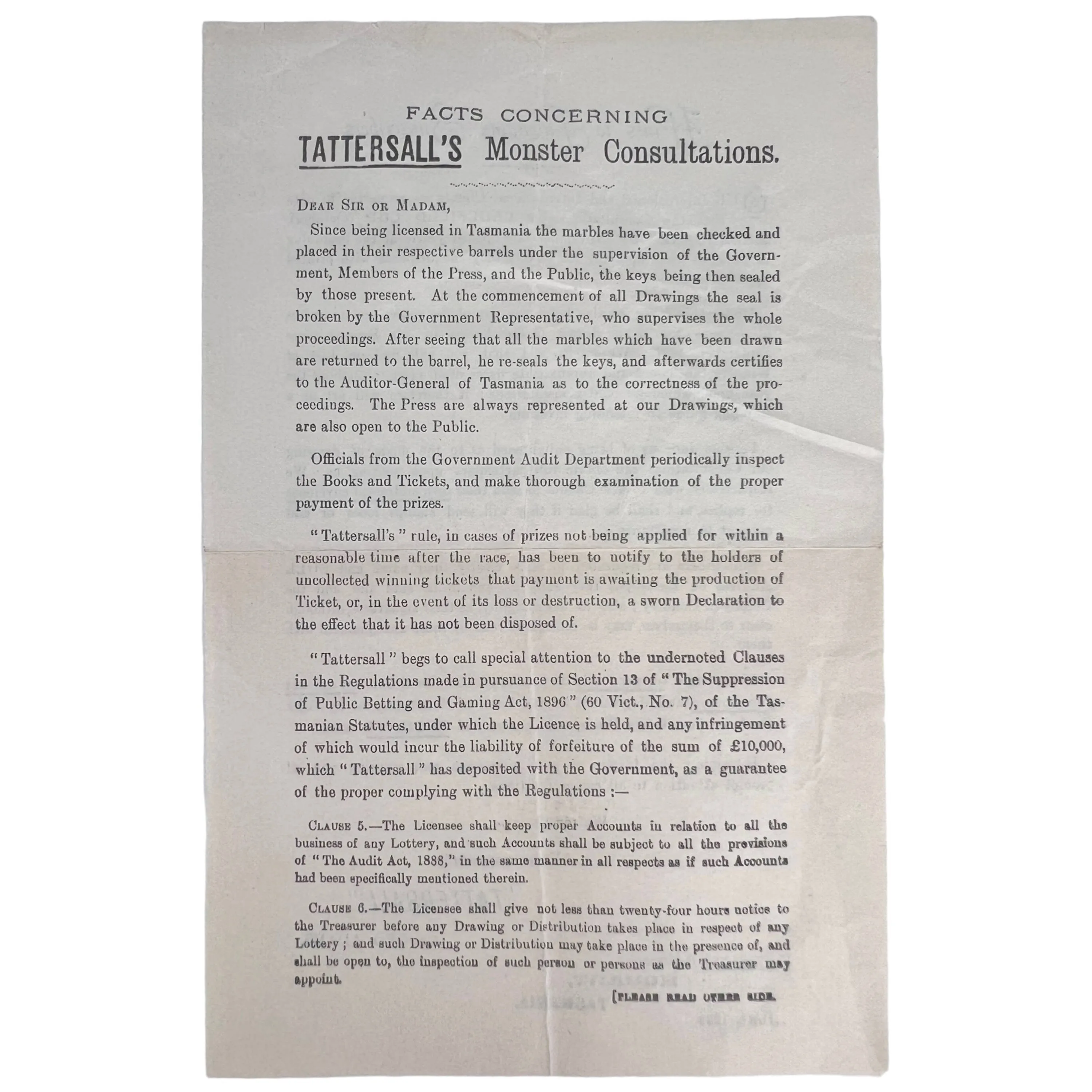 1899 Antique Australia Horse Race Lottery Ticket Application Lot Tattersalls Tasmania   Leaflet