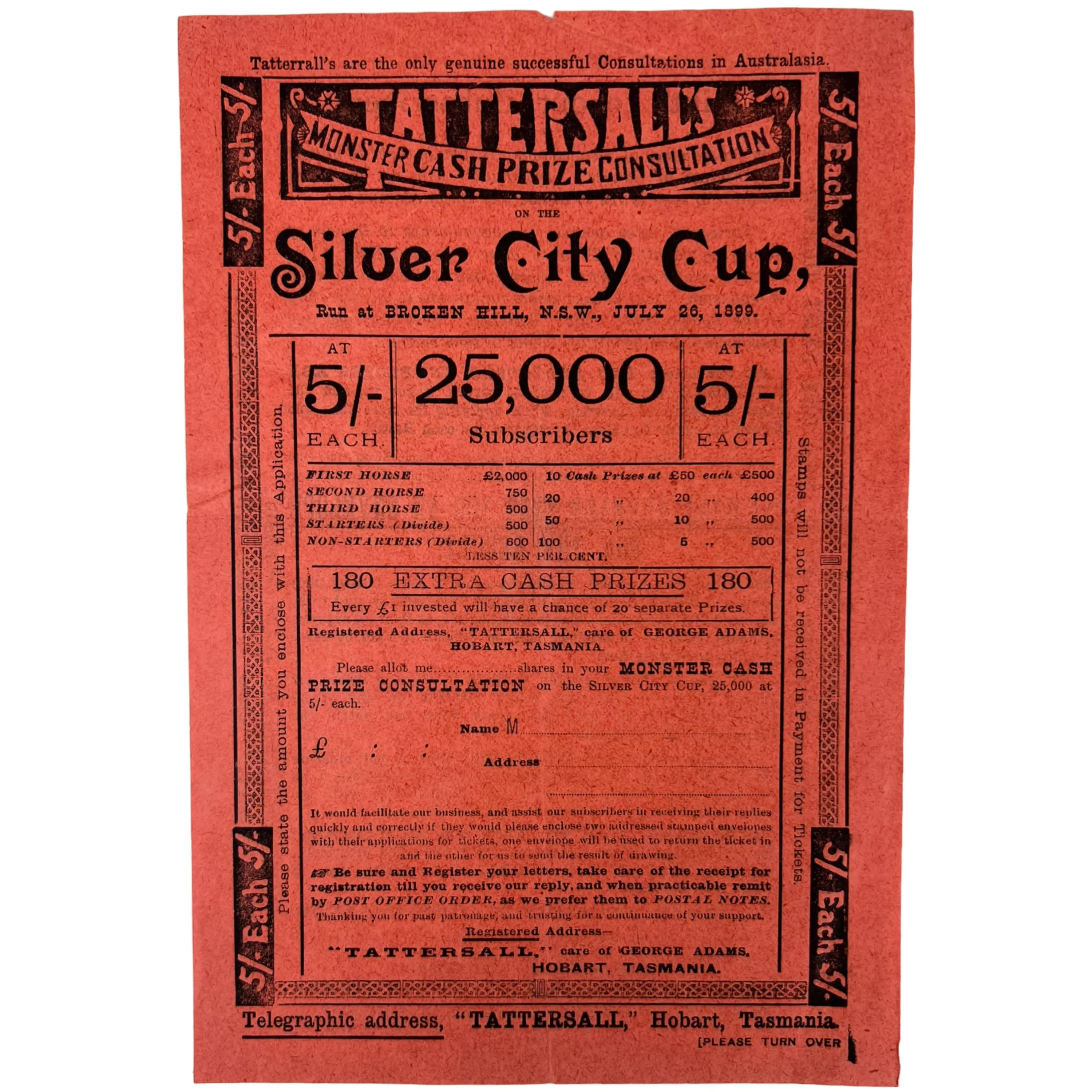 1899 Antique Australia Horse Race Lottery Ticket Application Lot Tattersalls Tasmania   Leaflet