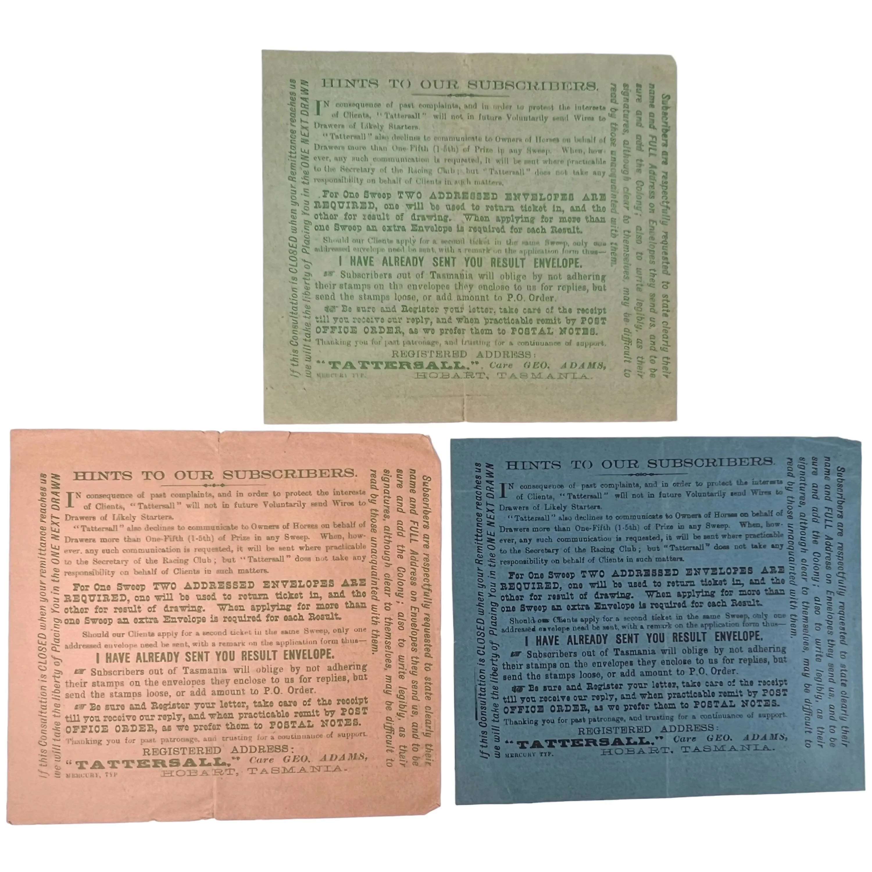 1899 Antique Australia Horse Race Lottery Ticket Application Lot Tattersalls Tasmania   Leaflet