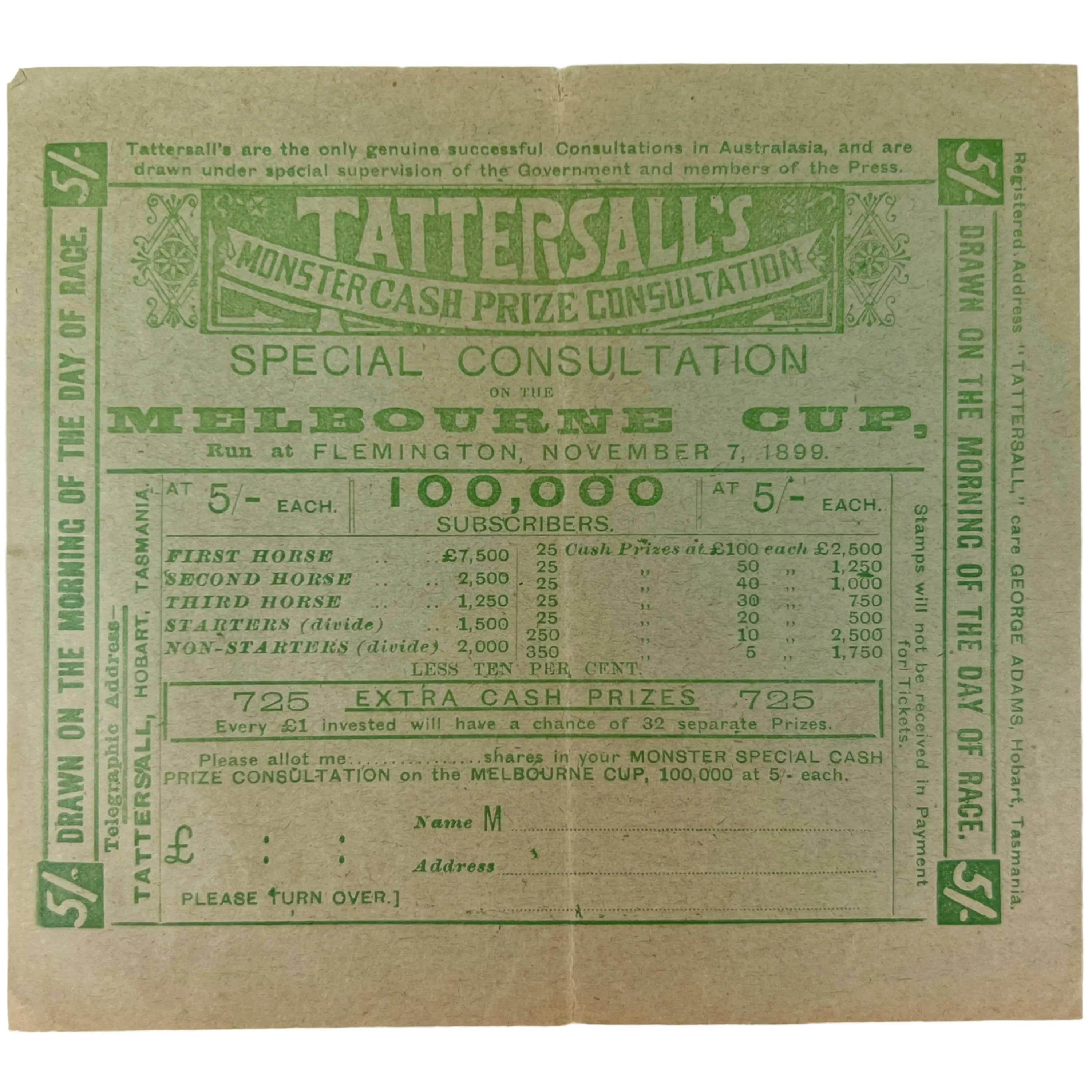1899 Antique Australia Horse Race Lottery Ticket Application Lot Tattersalls Tasmania   Leaflet