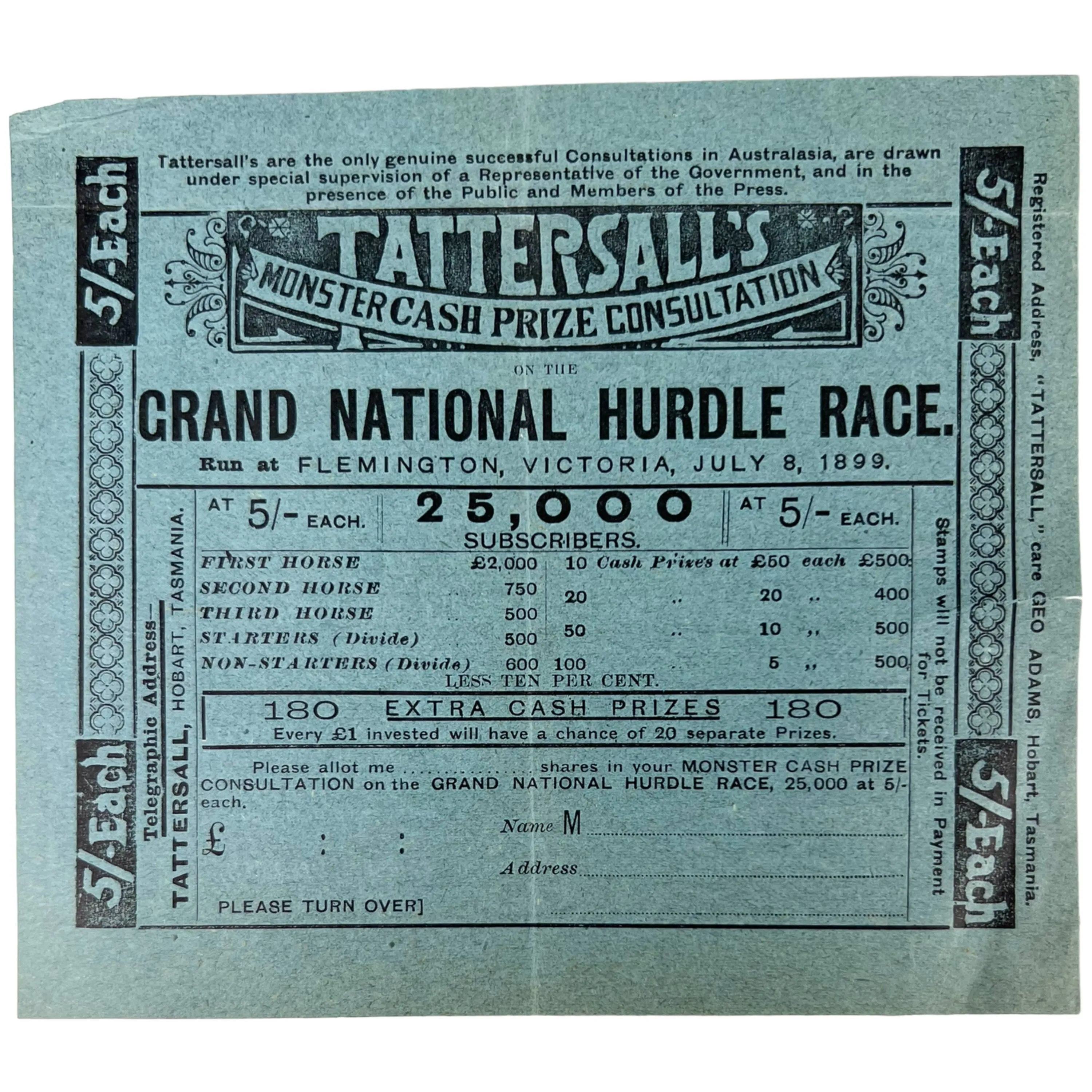 1899 Antique Australia Horse Race Lottery Ticket Application Lot Tattersalls Tasmania   Leaflet