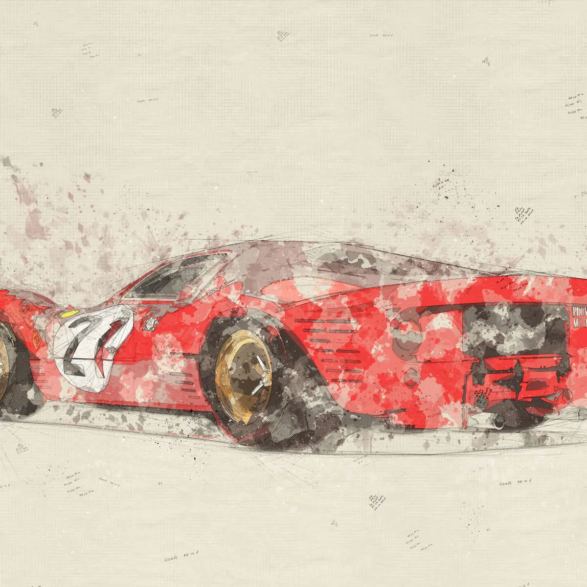 1967 Ferrari 330 P4 Car Rear View Drawing Wall Art