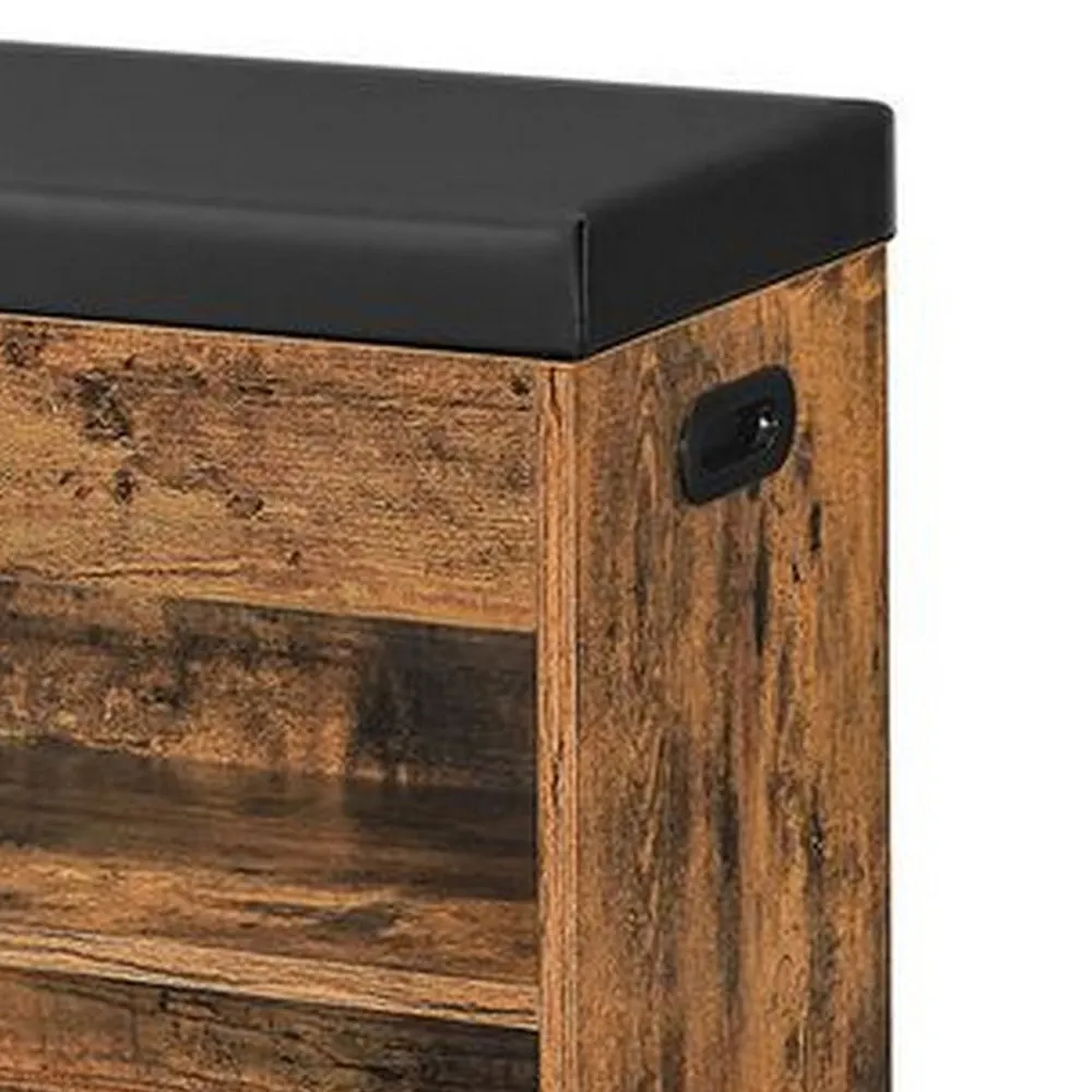 31 Inch Storage Bench with Black Padded Seat, Open Shelves, Brown Wood By Casagear Home