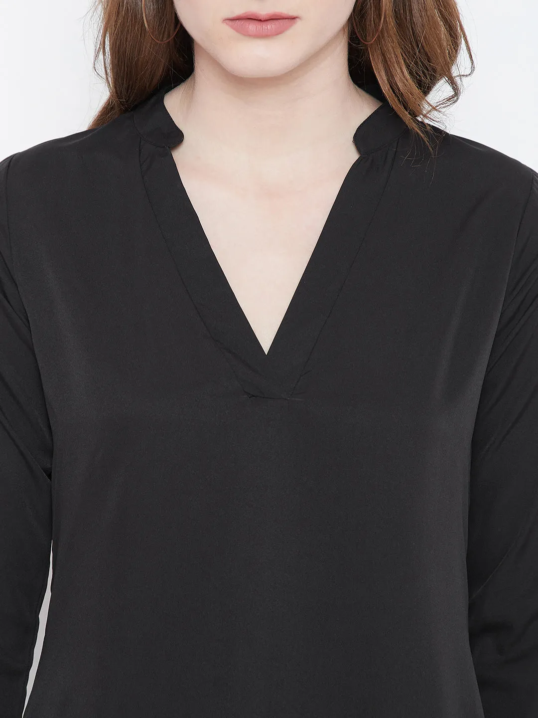 Berrylush Women Solid Black V-Neck Three-Quarter Sleeves High-Low Top