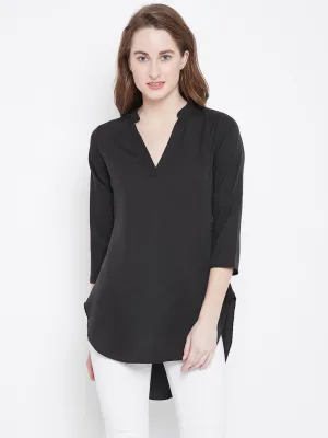 Berrylush Women Solid Black V-Neck Three-Quarter Sleeves High-Low Top