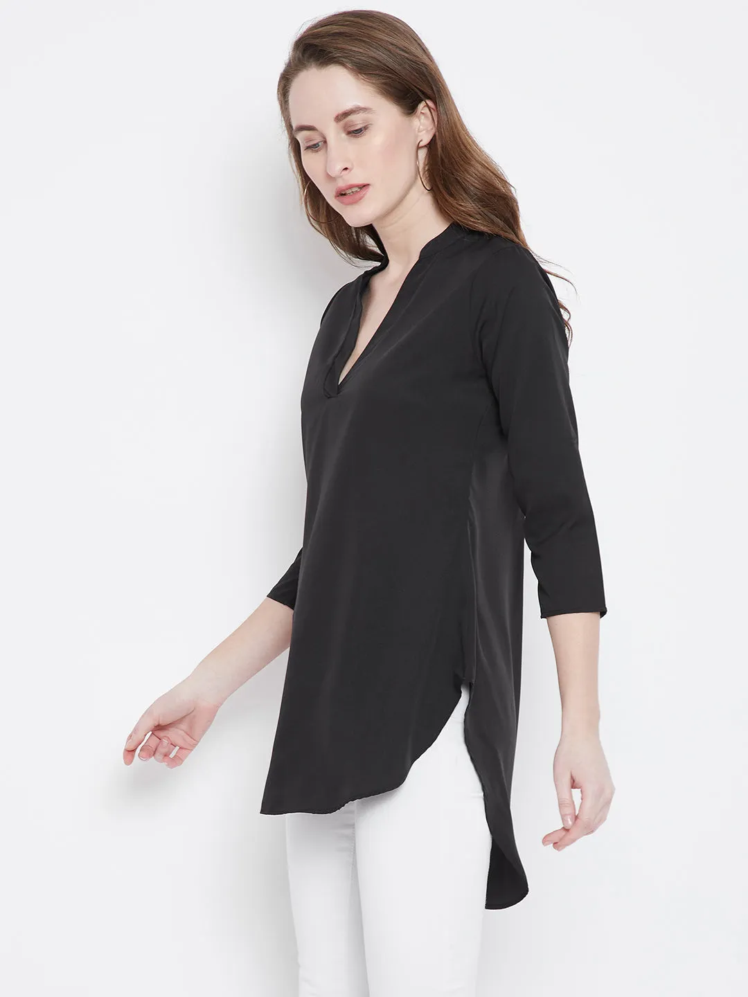 Berrylush Women Solid Black V-Neck Three-Quarter Sleeves High-Low Top