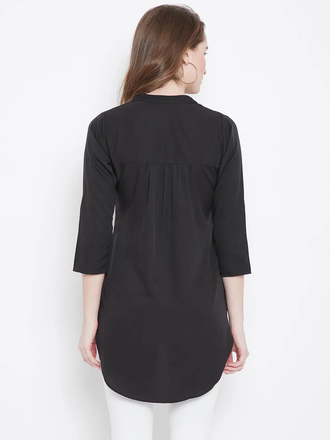 Berrylush Women Solid Black V-Neck Three-Quarter Sleeves High-Low Top