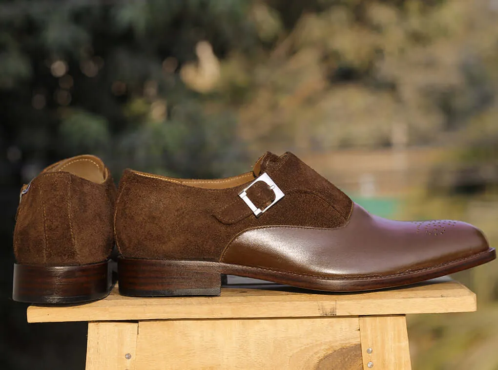 Bespoke Brown Suede Leather Monk Strap Shoe for Men