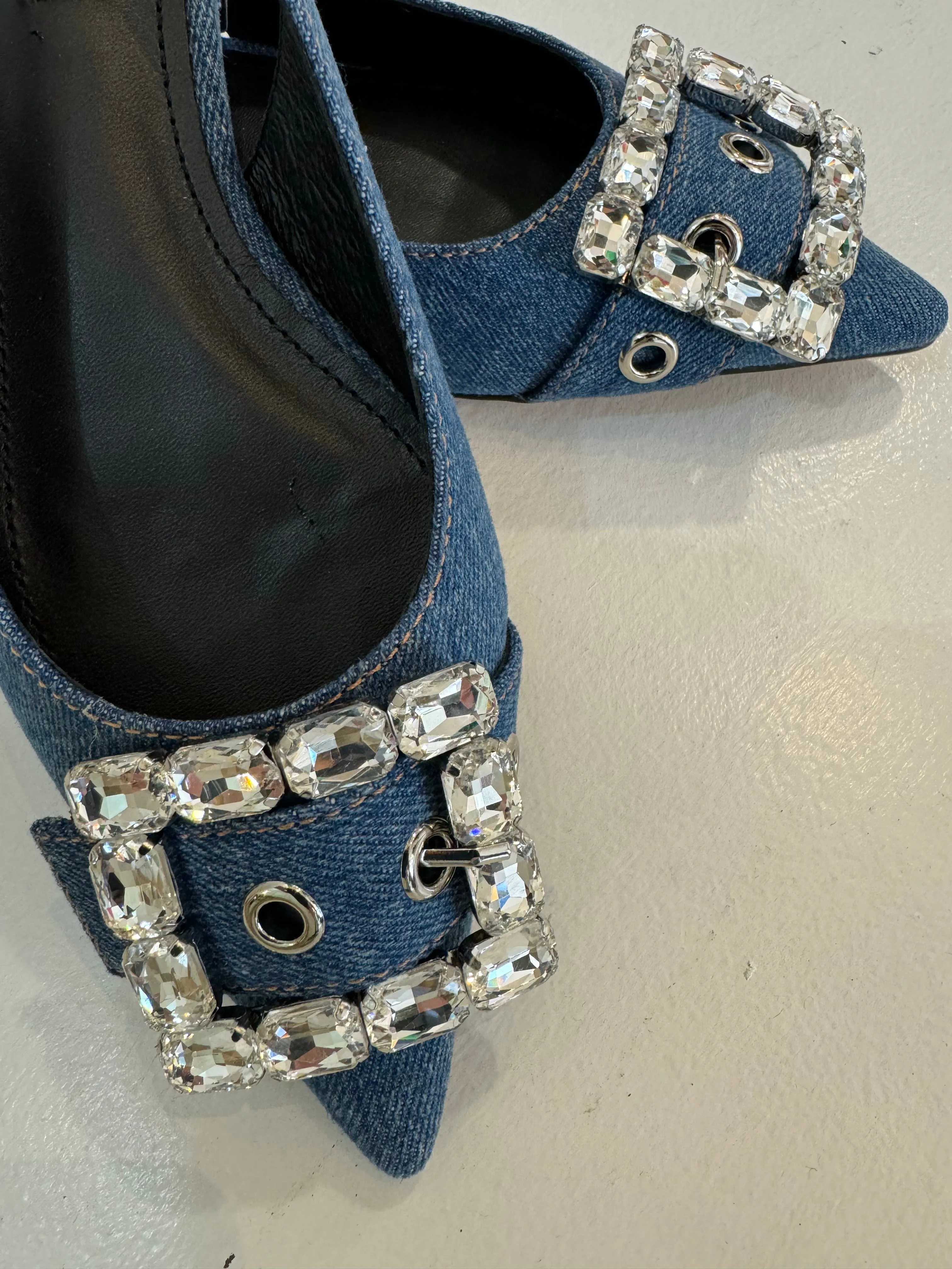 Bibi Lou Denim Crystal Buckle Pointy Slingback