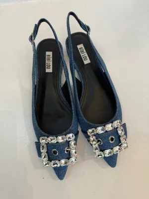 Bibi Lou Denim Crystal Buckle Pointy Slingback