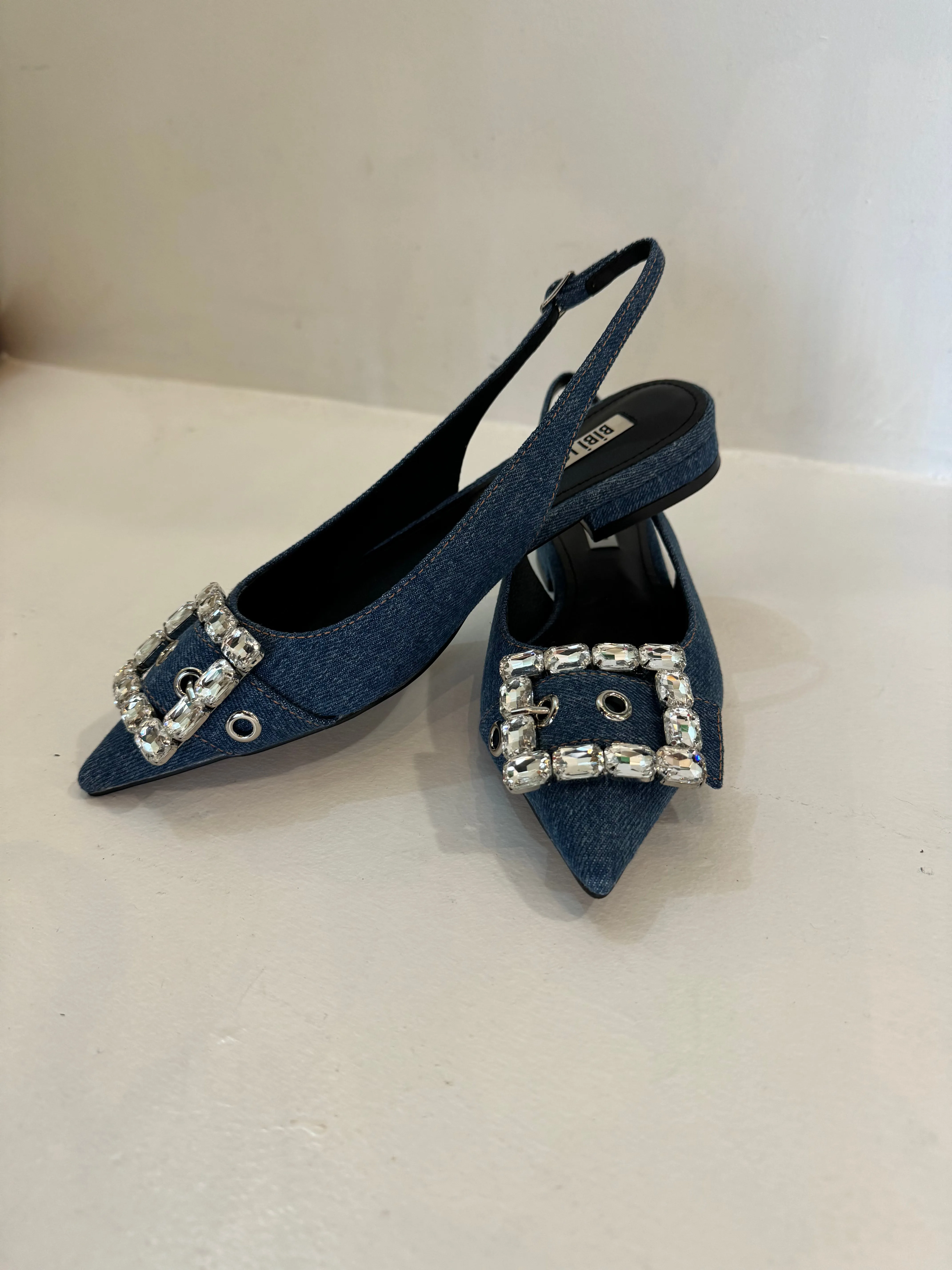 Bibi Lou Denim Crystal Buckle Pointy Slingback