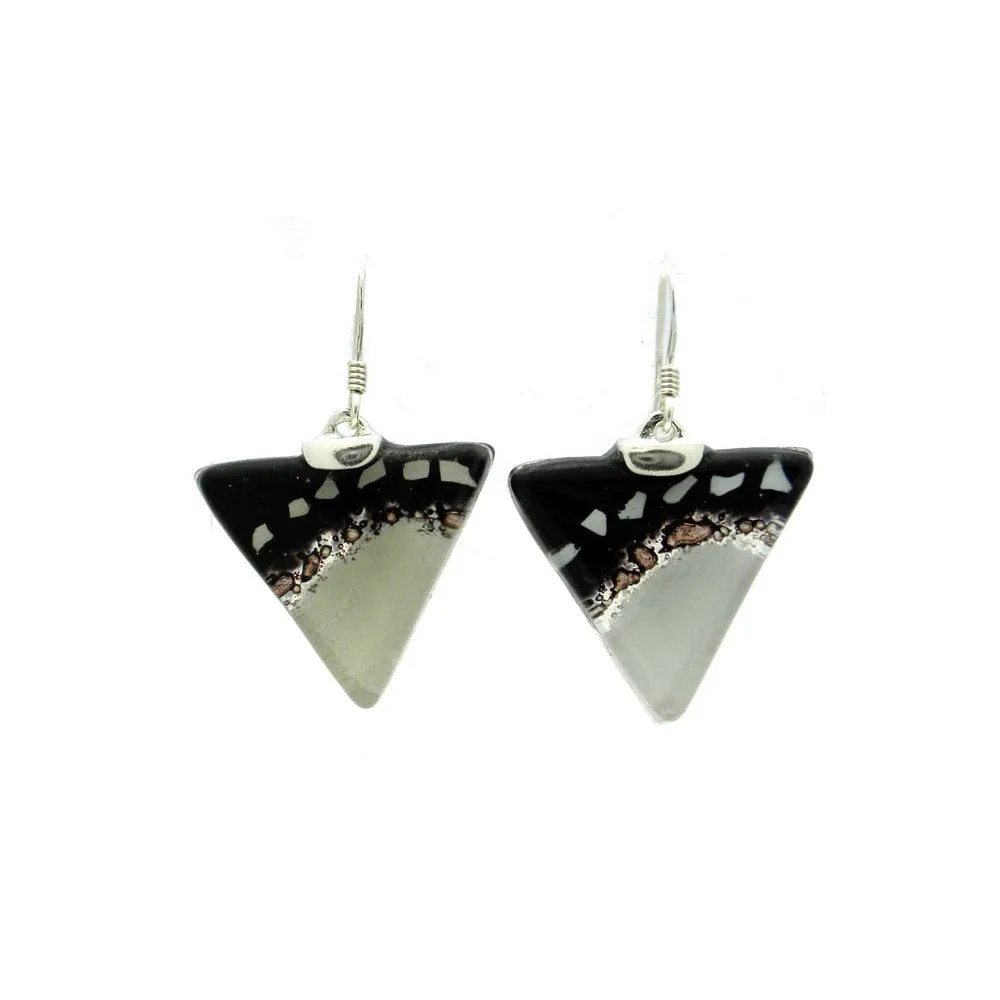 Black White Flecks Translucent Triangle Glass Sterling Silver Earrings