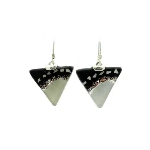 Black White Flecks Translucent Triangle Glass Sterling Silver Earrings