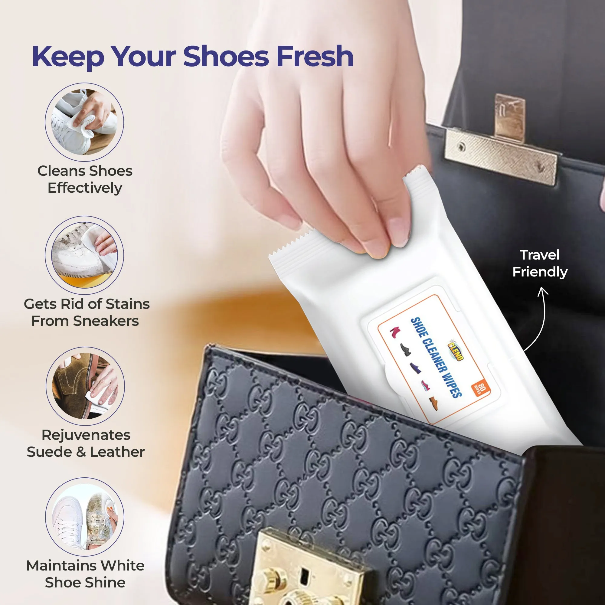 Cleno Shoe Cleaner Wet Wipes For Shoes/Loafers/Sandals/Slippers/Traditional Footwear/Athletic Shoes/Sneakers/White Shoes/Golf-Tennis Shoes/Scrub Off Dirt/Mud - 80 Wipes (Ready to Use)