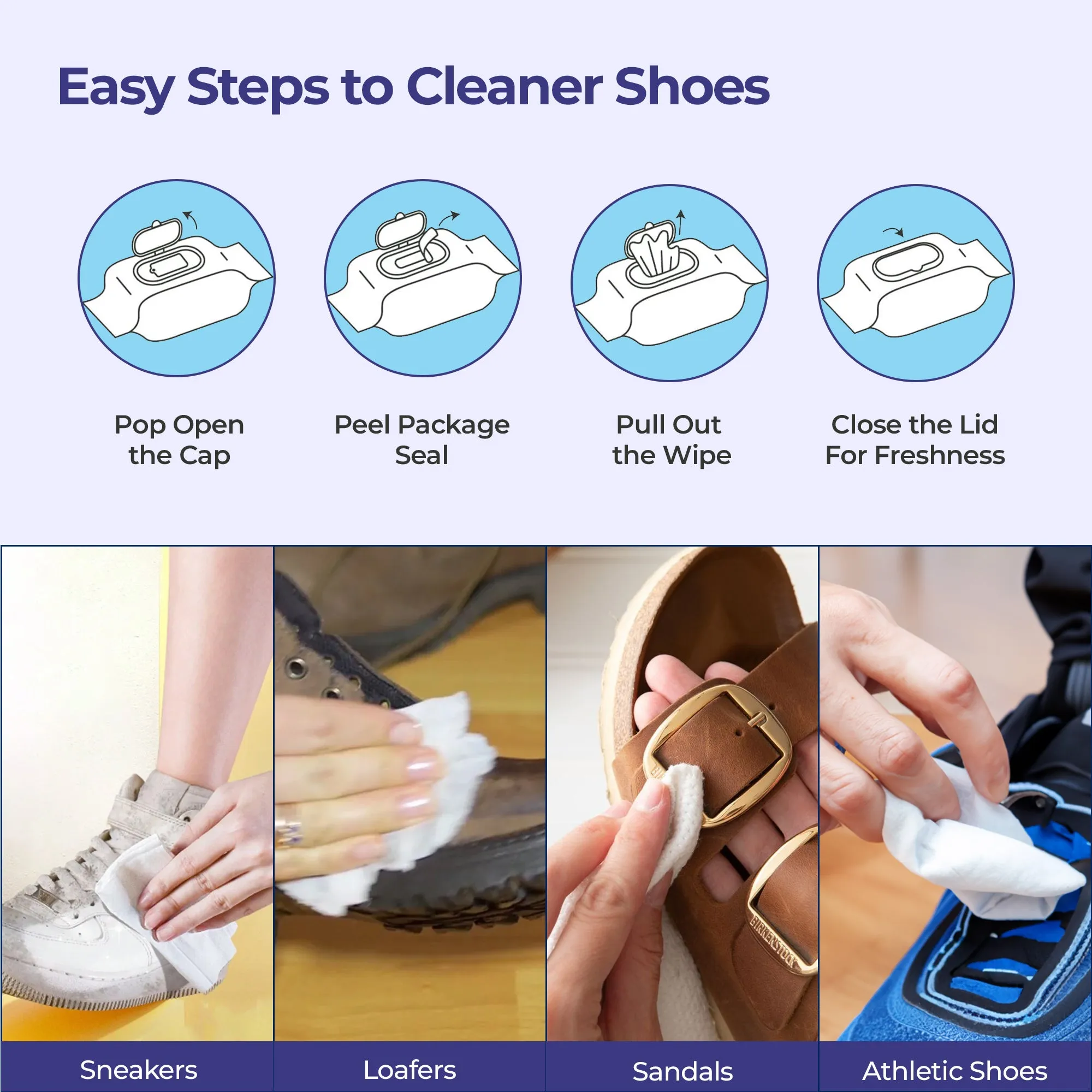 Cleno Shoe Cleaner Wet Wipes For Shoes/Loafers/Sandals/Slippers/Traditional Footwear/Athletic Shoes/Sneakers/White Shoes/Golf-Tennis Shoes/Scrub Off Dirt/Mud - 80 Wipes (Ready to Use)