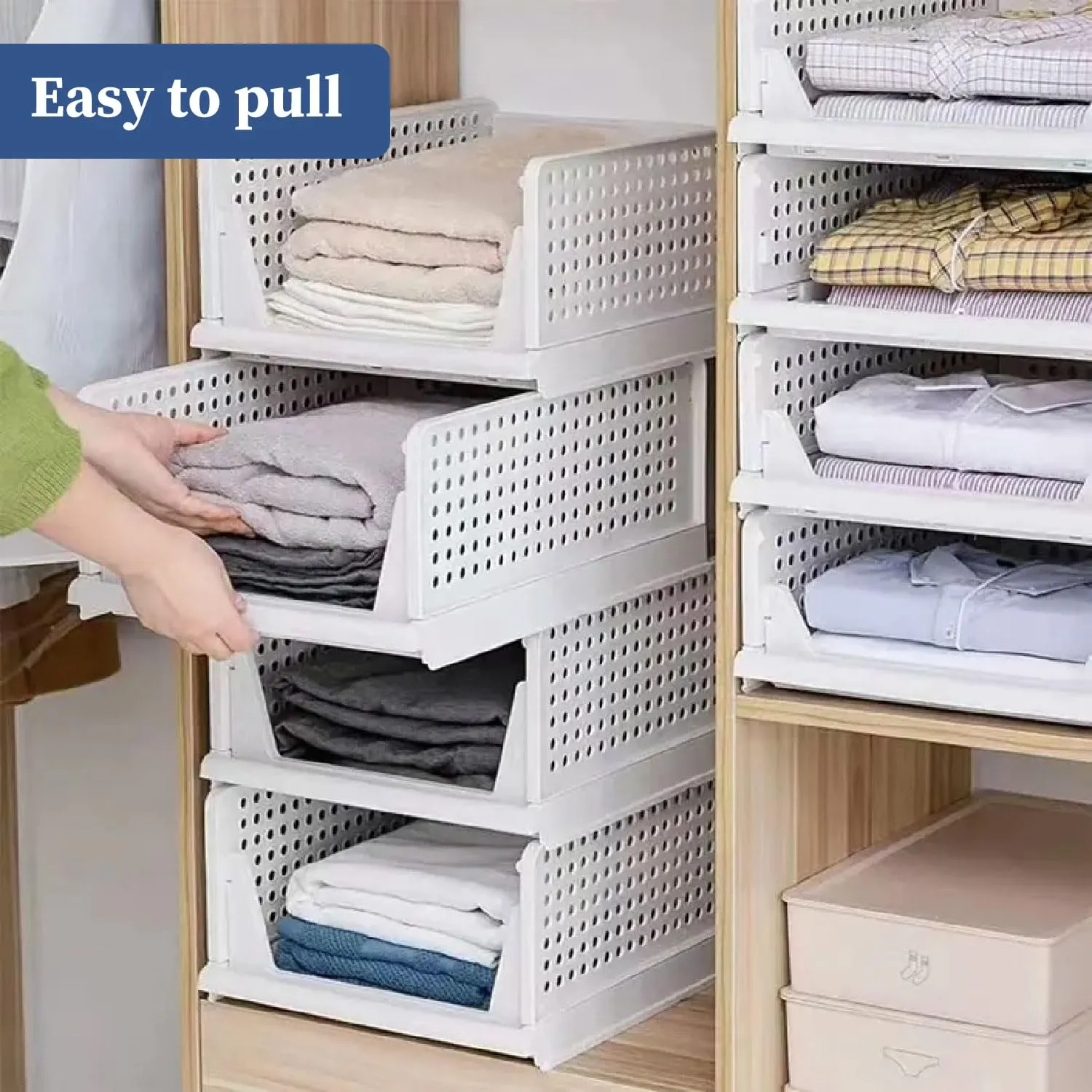HomeStrap Set of 3, Stack it Up | Large Cloth Stacker | Foldable Shirt Storage Stacker for Wardrobe | Plastic Stackable Closet Organizer | White