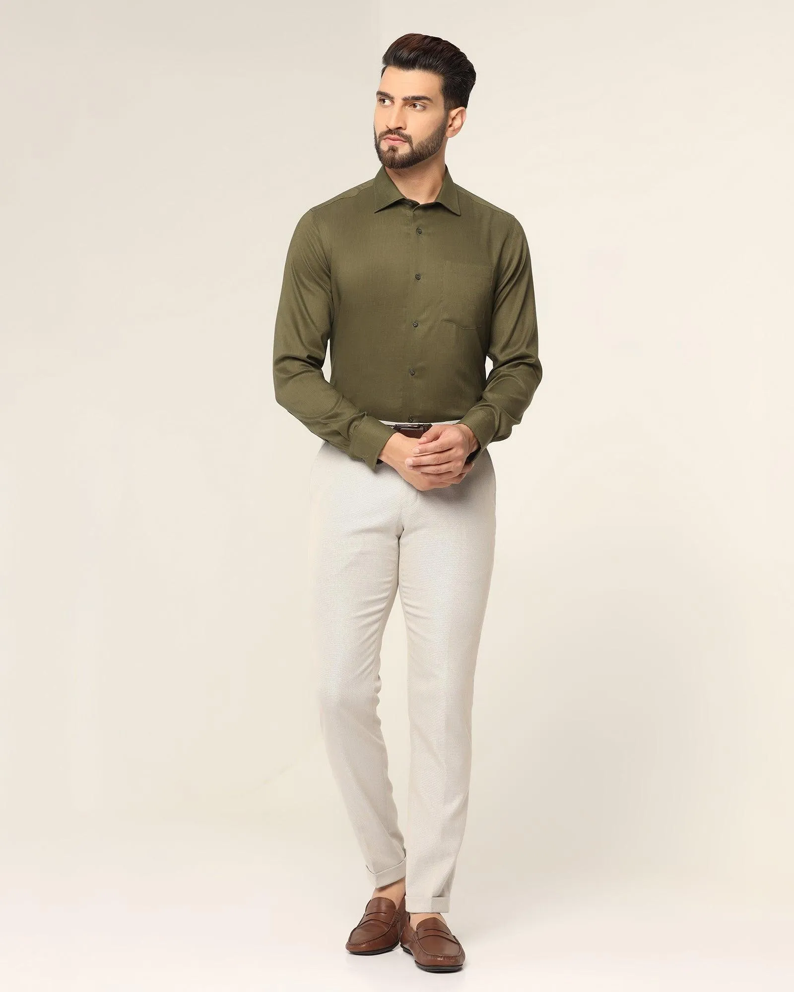 Non Iron Linen Formal Olive Solid Shirt - Rado