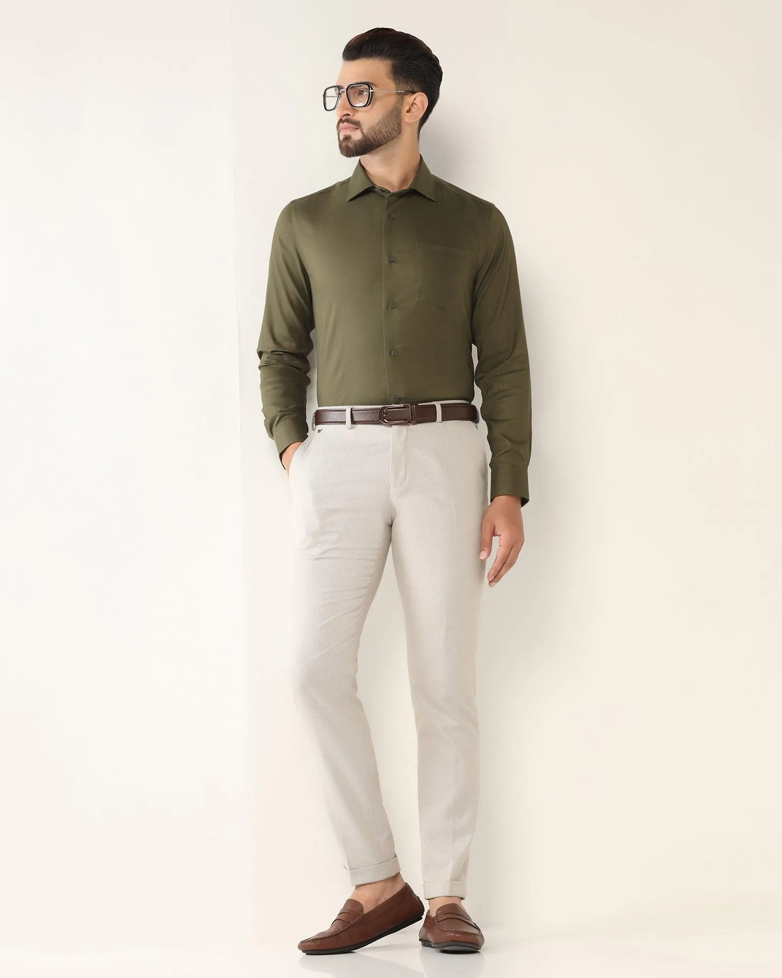 Non Iron Linen Formal Olive Solid Shirt - Rado