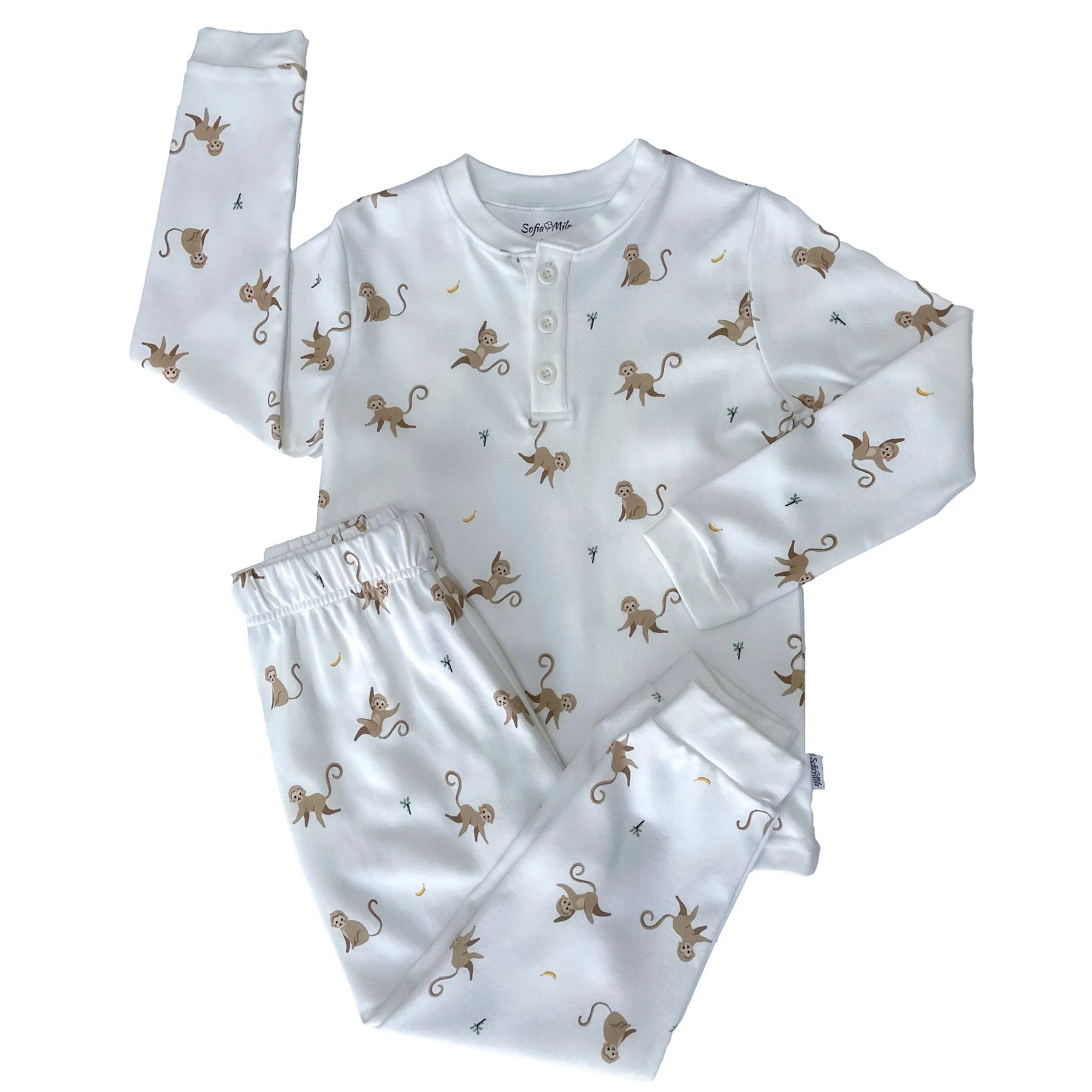 Organic Cotton Two Piece Pajama Set with Monkey Print For Kids