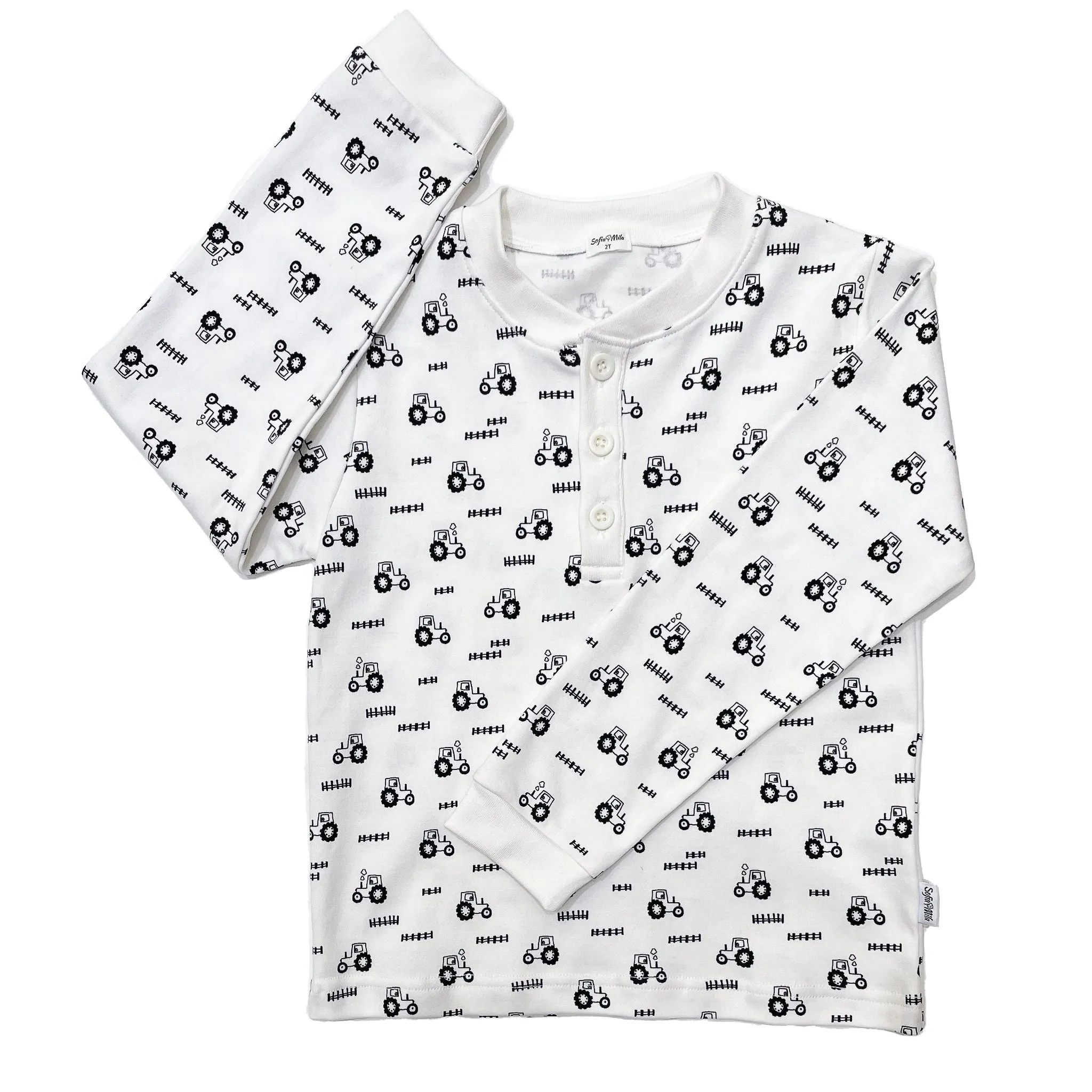 Organic Cotton Two Piece Pajama Set With Tractors For Kids