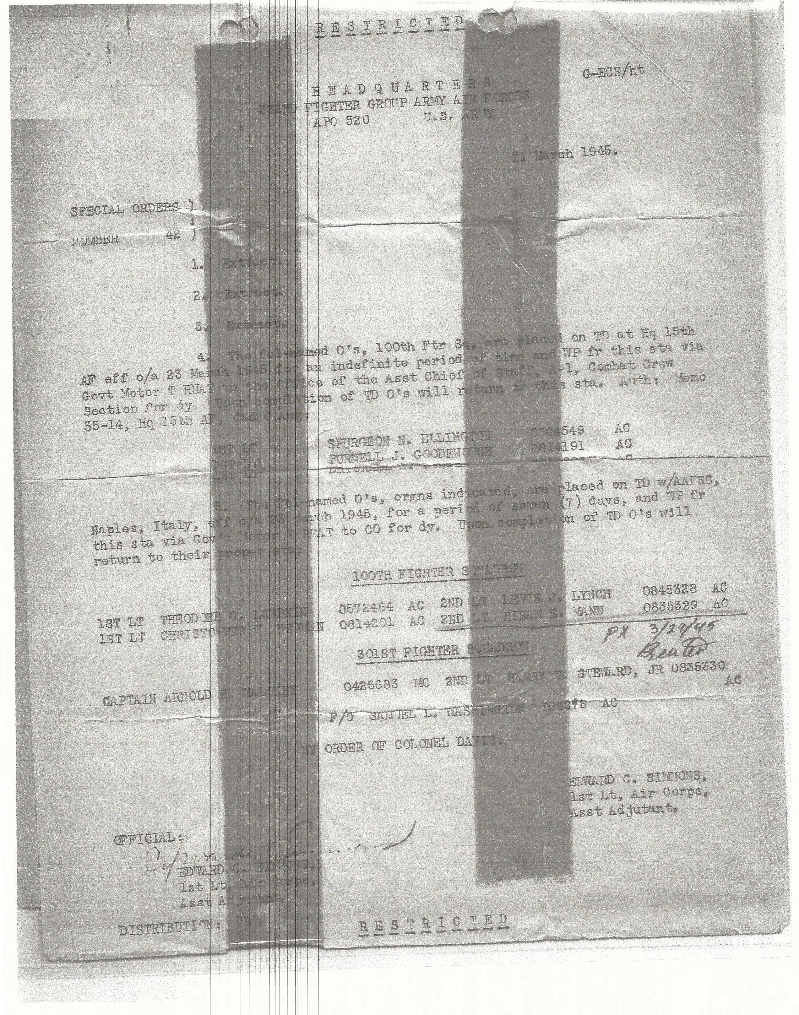 Original U.S. WWII Tuskegee Airmen Pilot Lt. Colonel Hiram Mann Named Grouping - 332nd Fighter Group