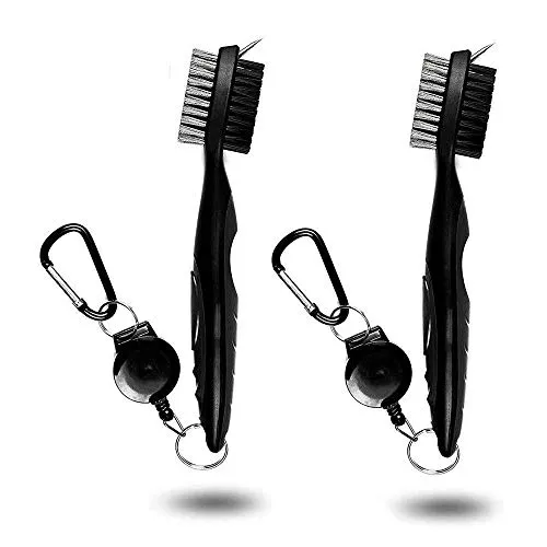Pack of 2 Golf Brush Club Groove Cleaner with 2 Ft Retractable Zip-line and Aluminum Carabiner Cleaning Tools Lightweight and Stylish (Black Red)