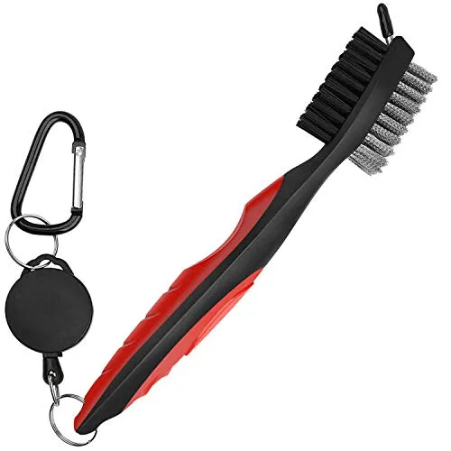 Pack of 2 Golf Brush Club Groove Cleaner with 2 Ft Retractable Zip-line and Aluminum Carabiner Cleaning Tools Lightweight and Stylish (Black Red)
