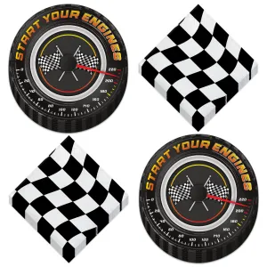 Race Party Supplies - Start Your Engines Paper Dessert Plates and Chekcered Racing Flag Beverage Napkins (Serves 16)