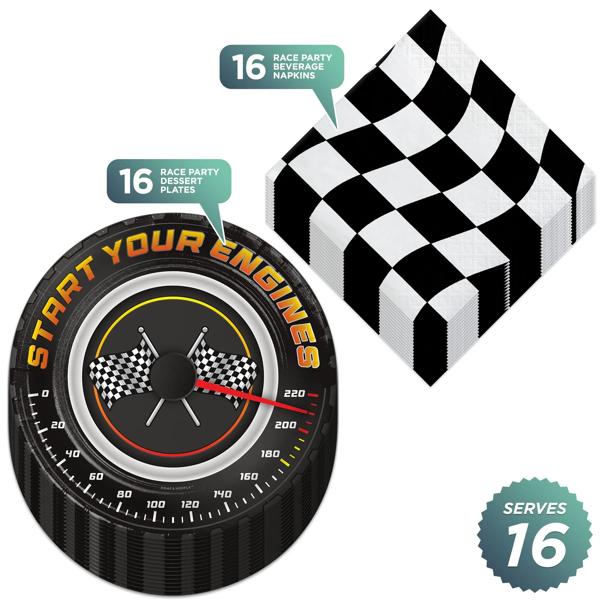 Race Party Supplies - Start Your Engines Paper Dessert Plates and Chekcered Racing Flag Beverage Napkins (Serves 16)