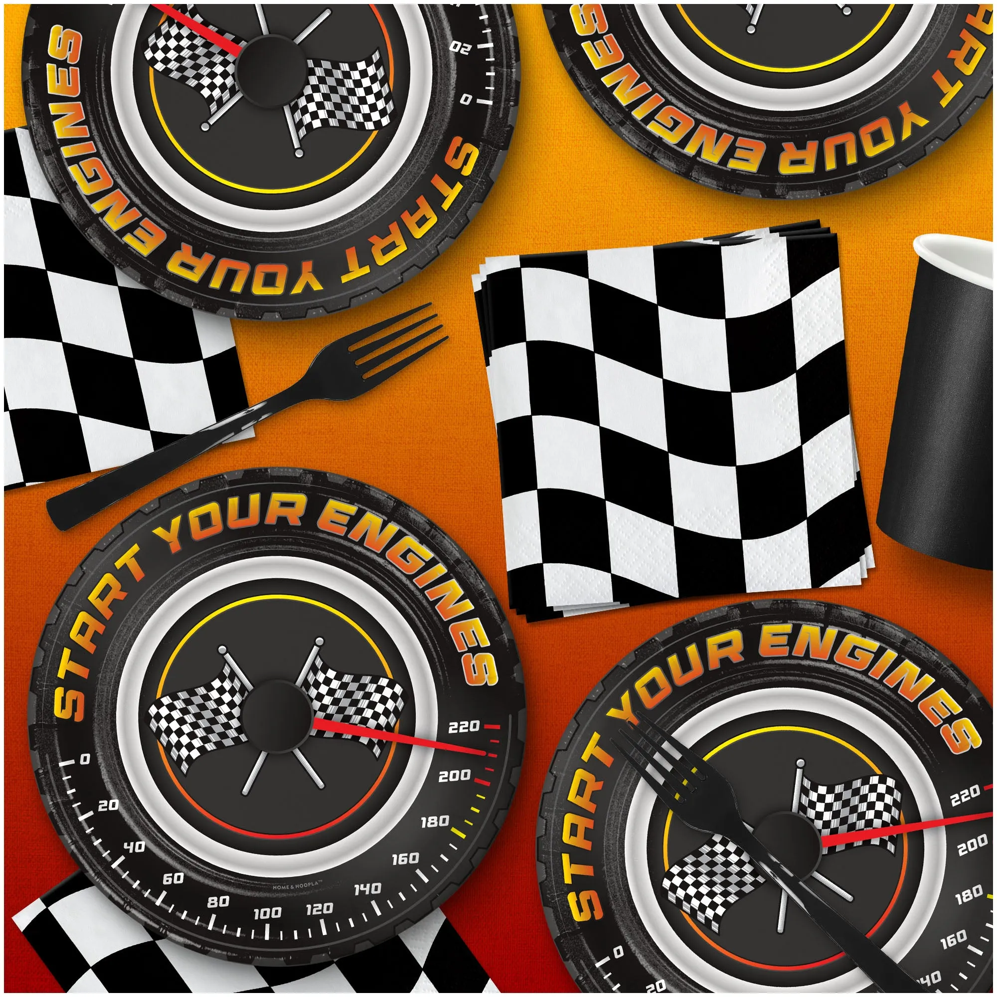 Race Party Supplies - Start Your Engines Paper Dessert Plates and Chekcered Racing Flag Beverage Napkins (Serves 16)