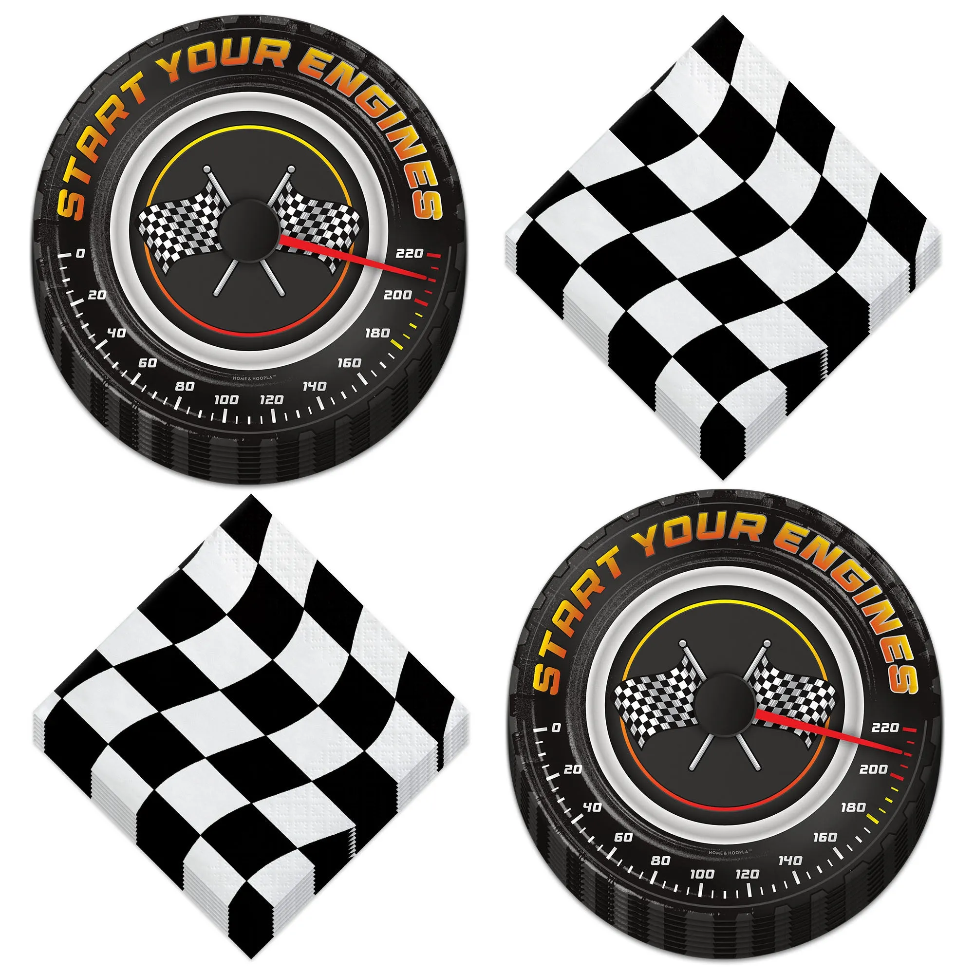 Race Party Supplies - Start Your Engines Paper Dessert Plates and Chekcered Racing Flag Beverage Napkins (Serves 16)