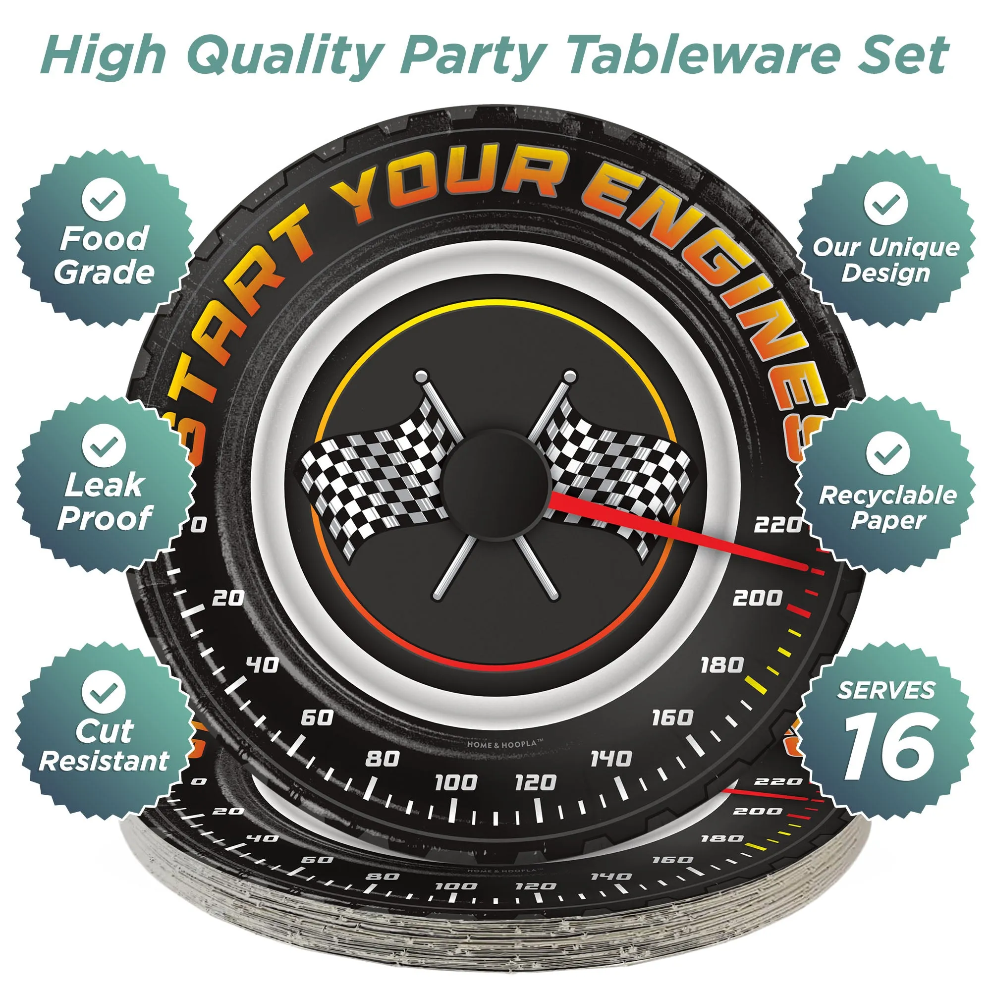 Race Party Supplies - Start Your Engines Round Paper Dessert Plates for 16 Guests