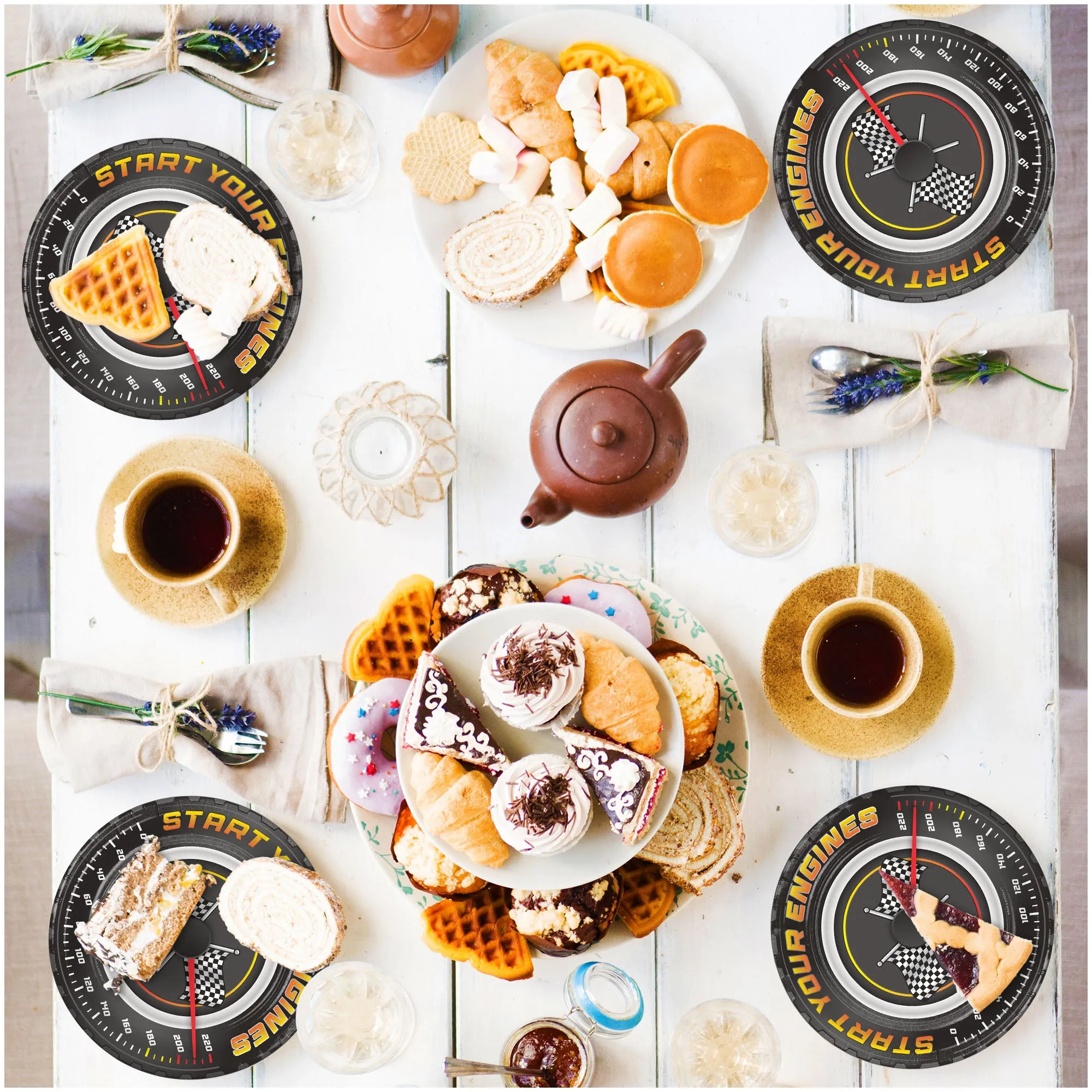 Race Party Supplies - Start Your Engines Round Paper Dessert Plates for 16 Guests