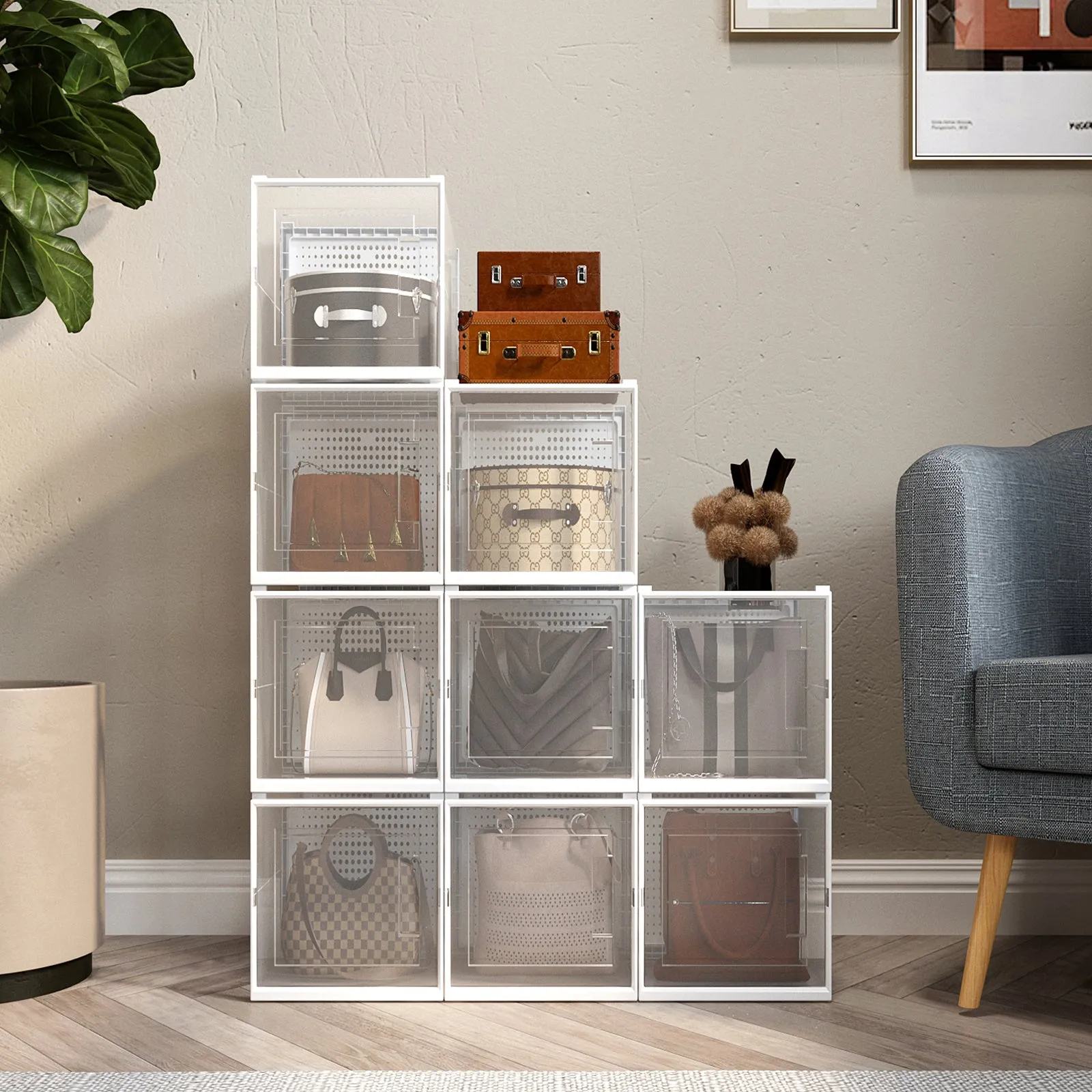 Shoe Box, Set of 8, White Colour, Stackable Plastic, with Clear Door