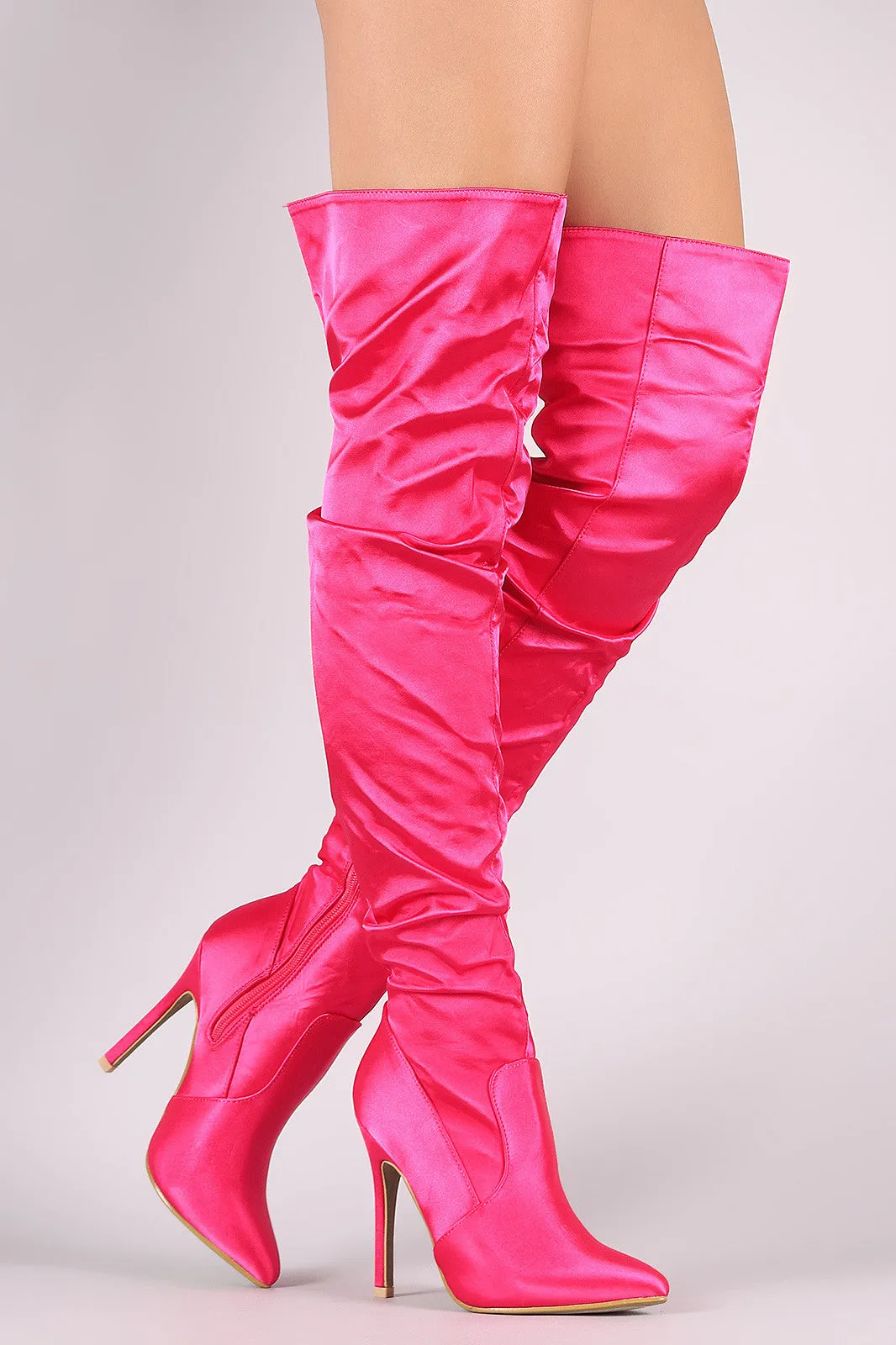 Slouchy Satin Pointy Toe Stiletto Over-The-Knee Boots