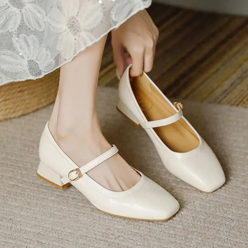 TAVIMART  -  New Women 3cm High Heels Retro Style Square Toe Buckle Pumps Female Elegant Metal Buckle Strap Mary Jane Shoes Large Size