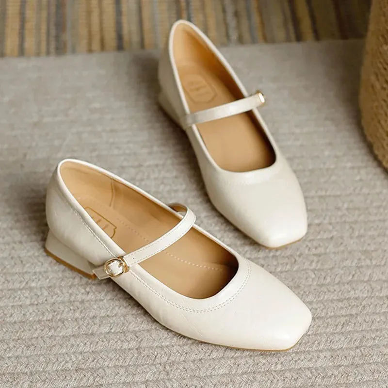 TAVIMART  -  New Women 3cm High Heels Retro Style Square Toe Buckle Pumps Female Elegant Metal Buckle Strap Mary Jane Shoes Large Size
