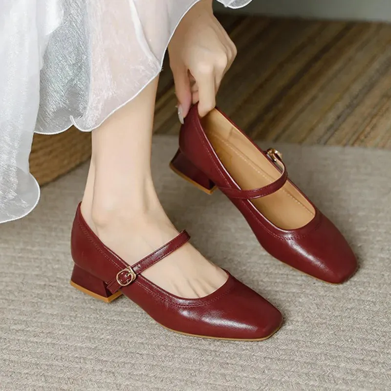 TAVIMART  -  New Women 3cm High Heels Retro Style Square Toe Buckle Pumps Female Elegant Metal Buckle Strap Mary Jane Shoes Large Size