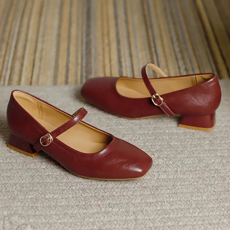 TAVIMART  -  New Women 3cm High Heels Retro Style Square Toe Buckle Pumps Female Elegant Metal Buckle Strap Mary Jane Shoes Large Size