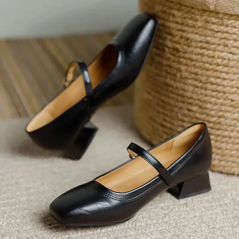 TAVIMART  -  New Women 3cm High Heels Retro Style Square Toe Buckle Pumps Female Elegant Metal Buckle Strap Mary Jane Shoes Large Size