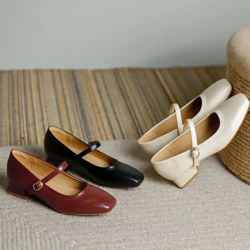 TAVIMART  -  New Women 3cm High Heels Retro Style Square Toe Buckle Pumps Female Elegant Metal Buckle Strap Mary Jane Shoes Large Size