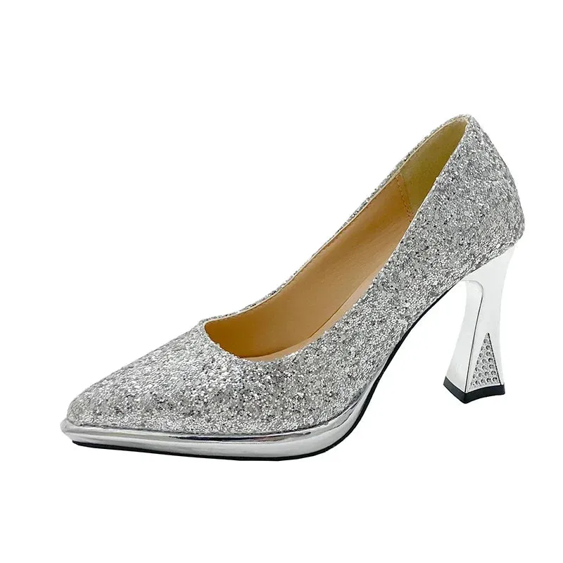 Women High Heels Pumps Lady Stiletto Wedding Bridal Gold Silver Heels Nightclub Office Party Sparkly Sequins Bling Women Sandals